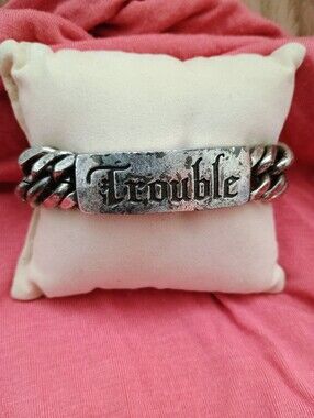 Vintage Lucky Brand Trouble ID Chain Bracelet, Chunky Grunge Cuban Link, Silver